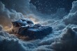 © Rifqi - Cozy blue bed with pillows floating among fluffy clouds against a starry night sky, concept for relaxation promotion, dream symbolism and celestial tranquility