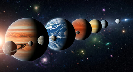Wall Mural - Complete Solar System with All Planets Aligned in a Row

This is a stunning, high-quality digital illustration of the Solar System, showing all eight planets (plus Pluto in some interpretations) align