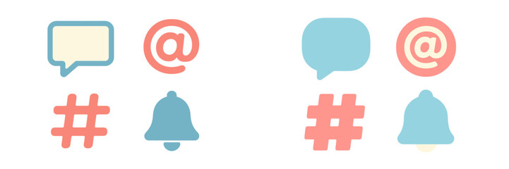 Social media communication icons with chat message, mention, hashtag, and notification bell symbols in modern flat style