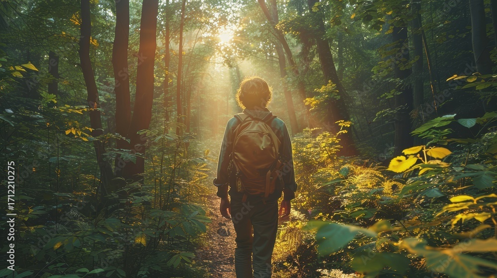 Man walking alone on peaceful forest path surrounded by lush greenery ...