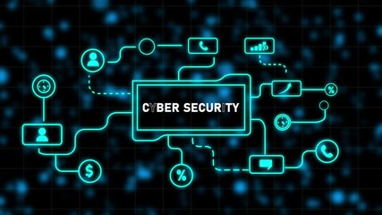 Cyber security network diagram with connected icons and glowing grid background Keywords: cyber security, network, diagram, technology, protection, data, digital, abstract, concept, system