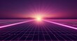 © Aliakbar - A retro futuristic background with glowing grid lines and dark purple sky, 80s style