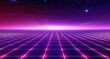 © Aliakbar - A retro futuristic background with glowing grid lines and dark purple sky, 80s style
