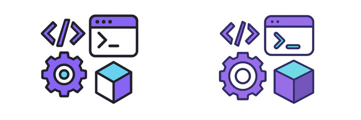 Modern programming and development icons featuring code tags, terminal window, gear, and 3D cube symbols