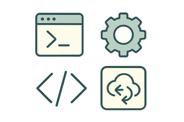 Collection of programming and web development icons including terminal, gear, HTML tags, and cloud sync symbols