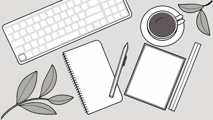 Flat lay of workspace with keyboard notebook pen coffee cup and leaves illustration.