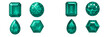 © icon_art - Collection of sparkling emerald green faceted gemstones in different shapes like round, emerald, pear, and hexagon