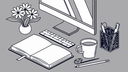 Isometric illustration of a modern workspace with computer notebook and coffee mug.