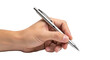 © Ari - Isolated hand holding silver pen ready to write or sign a document on neutral backdrop