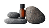 Essential oil bottle and zen stones isolated on transparent background spa treatment and aromatherapy concept