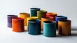 © Aliakbar - A set of acrylic paint cans in various colors on a white background, high-resolution photography, stock photo, in the style of a professional photographer.