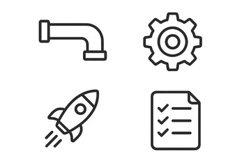 Minimalistic DevOps icons set featuring pipeline, gear, rocket, checklist symbols for effective project management and software development vector illustration transparent background