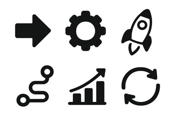 Simple black icons set including arrow, gear, rocket, growth graph, route path, and reload symbols vector illustration with transparent background for business and technology use