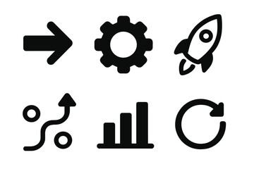 Set of simple black icons including arrow, gear, rocket, graph, route, and reload symbols. Vector cartoon illustration with transparent background, ordered set for business and technology concepts.