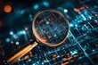 © Yuliia - Magnifying glass examining digital circuit pattern with glowing blue technology grid and orange highlights, concept of digital investigation and data analysis.