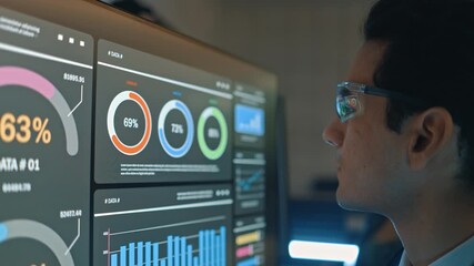 Professional businessman developing artificial intelligence code on computer in contemporary office environment, showing data strategy teamwork and corporate technology for digital future growth