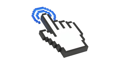 Hyperlink 3d hand cursor icon illustration Pixel hand with pointer finger isolated on white backgrond