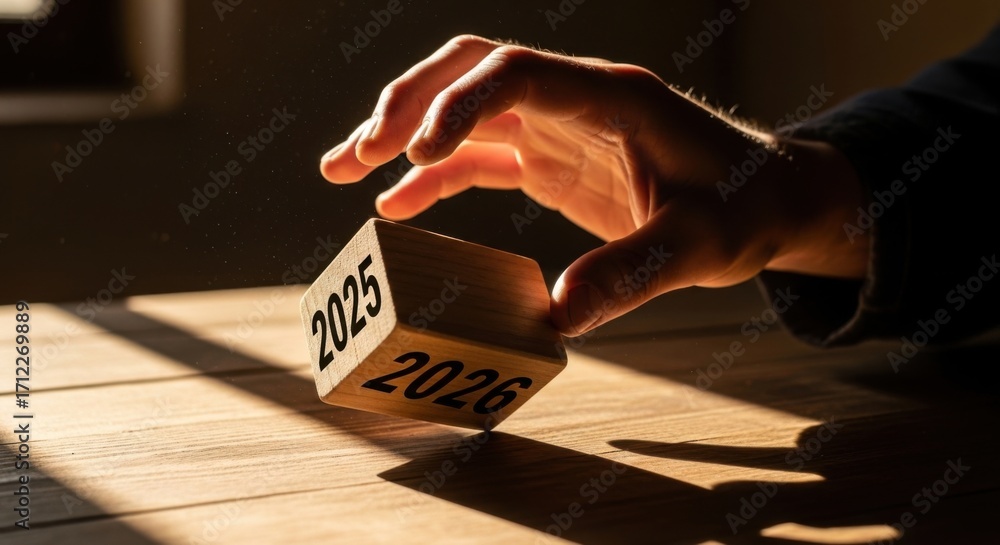 Hand Moving Wooden Block with 2025 and 2026 Year Markings in Warm ...