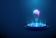 © Елена Бутусова - Light bulb with purple brain inside on futuristic podium. Innovative thinking, idea generation, cognitive technology, smart solutions concept.
