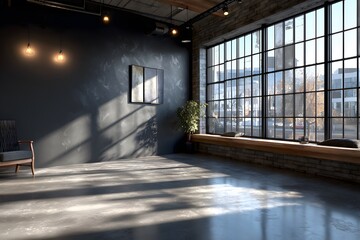 Wall Mural - Photograph of a bright, modern, open-concept office with industrial design elements and a prominent matte black wall for branding.