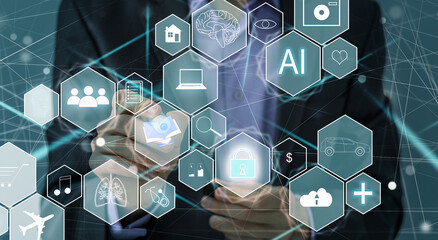 Artificial intelligence service business web computing IoT integration concept. AI gear icon on display smartphone. Smart house big data unmanned management process, development engineering technology