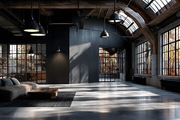 Wall Mural - Photograph of a bright, modern, open-concept office with industrial design elements and a prominent matte black wall for branding.
