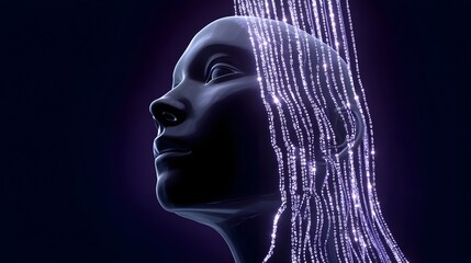 Futuristic digital data stream and intelligence concept, with a female face profile emerging from a mysterious, glowing network of binary code and digital elements.