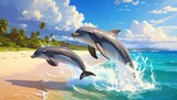 Two playful dolphins leap gracefully over the waves at a tropical beach, a serene and joyful scene.