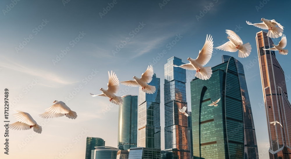 Photo Stock Flock of birds fly over city skyscrapers under bright sky ...