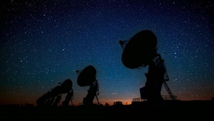 Radiotelescope array of antennas reaches sky beneath sparkling stars above horizon