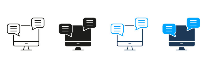 Computer With Chat Bubbles Line And Solid Icon Set. Online Communication, Messaging, And Digital Interaction Symbol Collection. Customer Support And Virtual Assistance. Isolated Vector Illustration