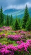 © donchanu - Vibrant pink rhododendron bushes bloom in a dense evergreen forest below misty mountains