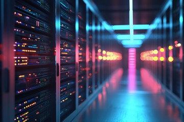Futuristic server corridor with colorful illuminated racks representing IT infrastructure, AI computing, cloud storage, cybersecurity, and enterprise digital operations