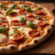 © Tiara - Classic pepperoni pizza fresh from the oven, showcasing a golden crust, melted mozzarella cheese, savory salami, and vibrant basil leaves, offering a comforting and irresistible culinary experience