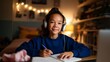 © iuricazac - Woman student at desk with headphones, pencil, paper, and books.