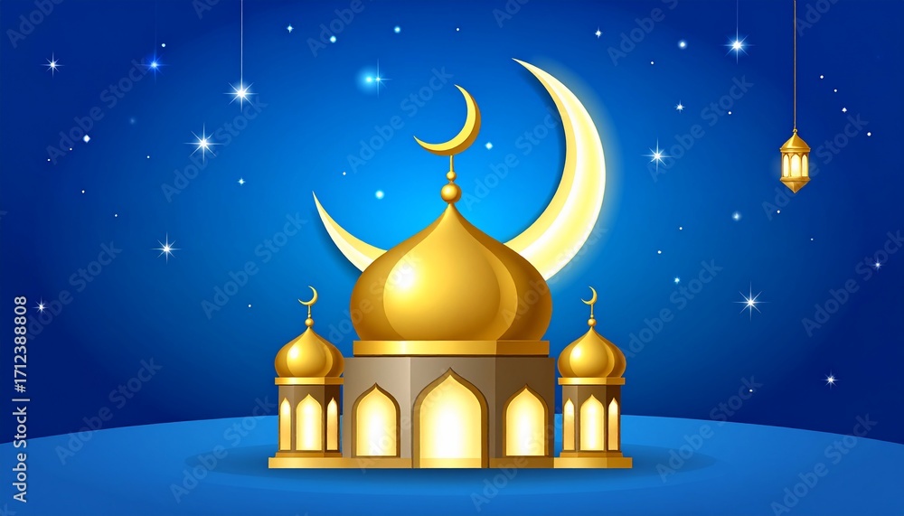 Islamic mosque illustration with a golden dome, crescent moon and stars ...