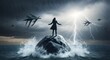 © Suwantono - A woman stands on a rock in a stormy sea with lightning and futuristic drones, symbolizing resilience and strength