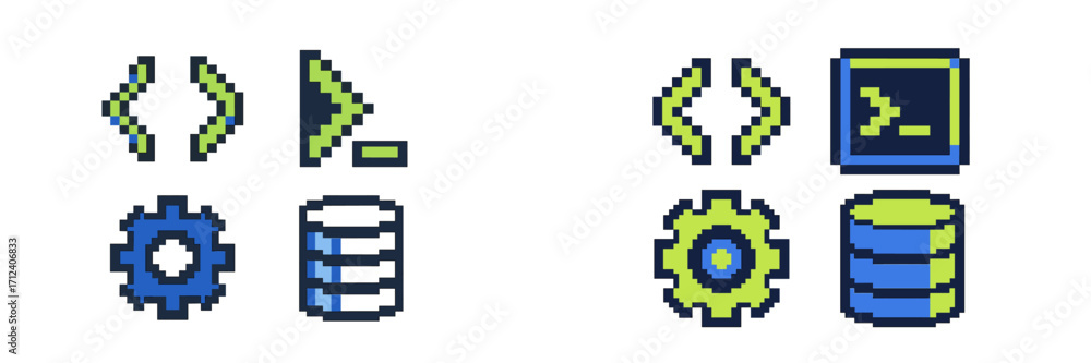 Colorful pixel art icons for programming, database, settings, and ...