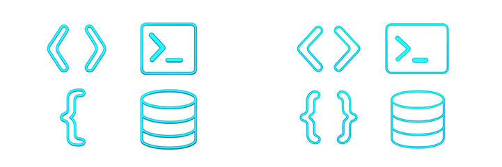 Modern programming and data development icons set featuring angle brackets, terminal, curly braces, and database symbols
