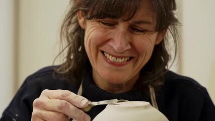 Joyful artisan meticulously crafting unique ceramic art, finding happiness in the creative process of pottery