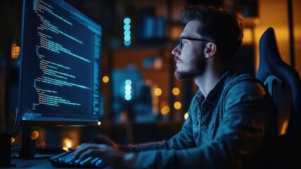 Young man coding at computer in modern office at night, focused on programming with colorful code on screen, browsing web in professional workspace environment