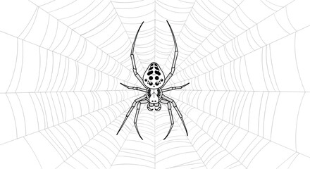 Detailed black and white drawing of an orb weaver spider on its intricate web.