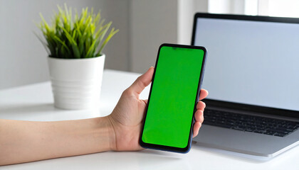 Close up of woman looking at telephone with green screen and chroma key. Adult holding mobile phone with isolated mockup template and background, using chroma-key on telephone display