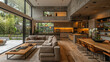 © Sandem - Modern open-plan living area with kitchen and patio views.  Large windows, light-filled interior, natural materials, stylish furniture, and a contemporary feel.
