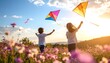 © Berkah - Children Flying Kites in Field at Sunset Happy Childhood Fun