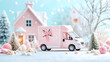 © sommersby - Charming pink holiday delivery van adorned with big festive bow, traversing magical pastel winter wonderland scene filled with snow-dusted miniature trees, sparkling ornaments, and cozy pink house und
