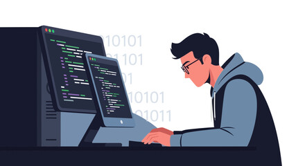 Creative Programmer Working On Coding With Binary Code And Computer Screen In Minimal style