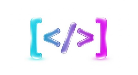 Colorful coding symbols with brackets and forward slash on a white plain background design art