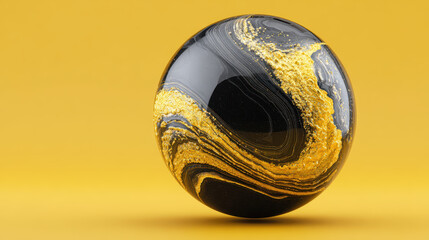 Luxurious black and gold sphere with an elegant abstract marble swirl pattern. modern object on solid yellow background, perfect for creative design concept