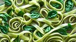 © Rezza - A Green spinach tagliatelle pattern background, with vibrant green strands of tagliatelle pasta arranged in a intricate, swirly design, set against a soft